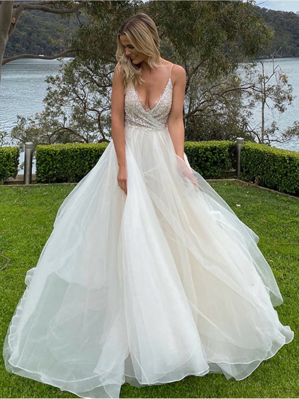 Peter Trends Bridal California Gown -Beaded V-Neck Ivory Tulle Wedding Ball Gown